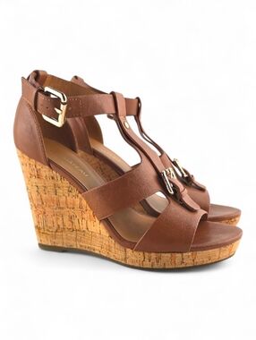 NWT Le Chateau Women's Cork Wedge Platform Sandals Tan Gold Buckles 37